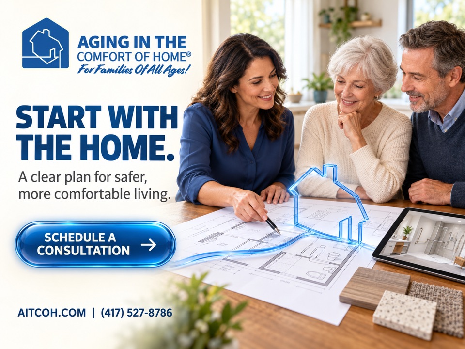 Aging In The Comfort Of Home® planning specialist reviewing a home floor plan with a family at the kitchen table. Start with the home: a clear plan for safer, more comfortable living.