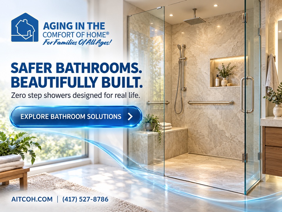Aging In The Comfort Of Home® completed project: a zero-step walk-in shower with grab bars, a built-in bench, and a handheld shower. Safer bathrooms, beautifully built.